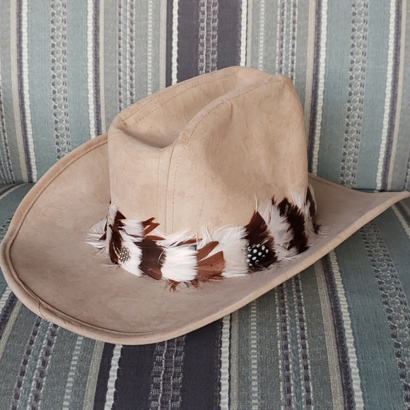 Vintage Bee Custom Cowboy Hat Tan Suede Feather M - Picture 3 of 11